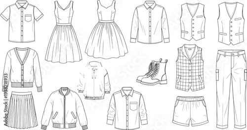Fashion clothing collection technical sketches, shirts dresses jackets vest pants shorts boots, apparel design templates, flat vector illustration set