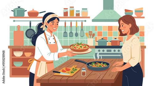 Two women cooking together in a kitchen preparing food.