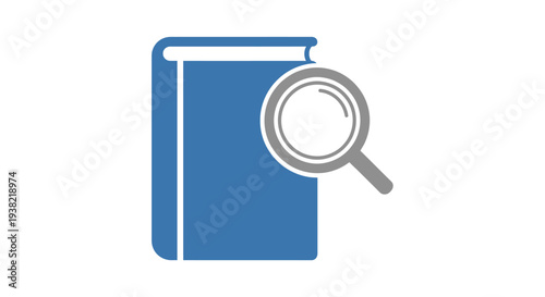 Blue book with magnifying glass.