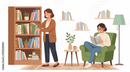 Two women enjoying a cozy reading session in a home library.