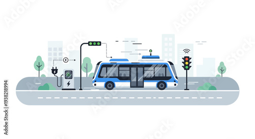 Blue and white city transit bus.