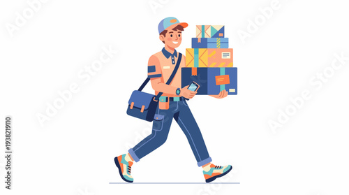 Delivery Man Carrying Stack of Packages and Messenger Bag.