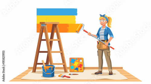 Woman painting wall with yellow and orange colors.