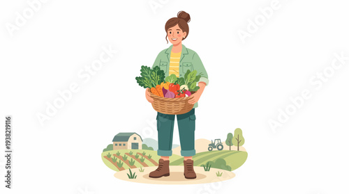 Woman farmer holding basket of fresh vegetables and fruits.