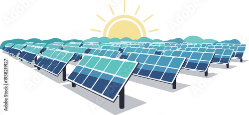 Rows of solar panels facing the sun in an open landscape