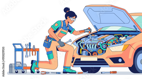 Woman Mechanic Inspecting Car Engine with Tools Nearby.