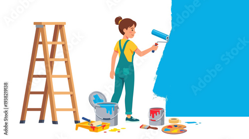 Woman painting a wall with a roller.