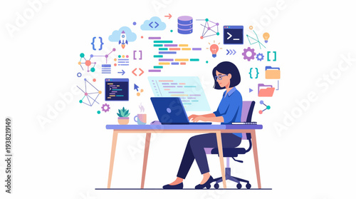 Woman programmer working on laptop computer at desk.