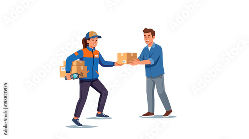 Delivery person handing package to customer illustration.
