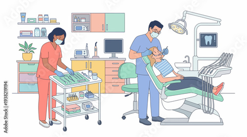 Dentist and patient in dental examination room.