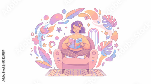 Woman reading a book comfortably in an armchair.