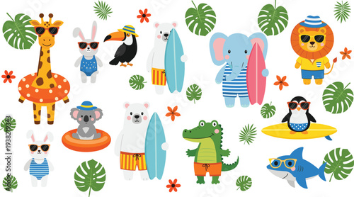 Cute Summer Beach Animals Set with Giraffe Elephant Toucan Crocodile Shark and Penguin Cartoon Vector Illustration