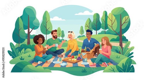 Diverse group of friends enjoying a sunny picnic in the park.