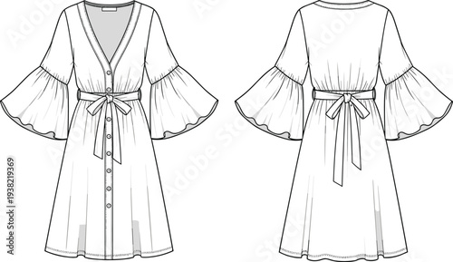 Women belted midi dress technical drawing, V neck button front garment, bell sleeve fashion template, front back view vector