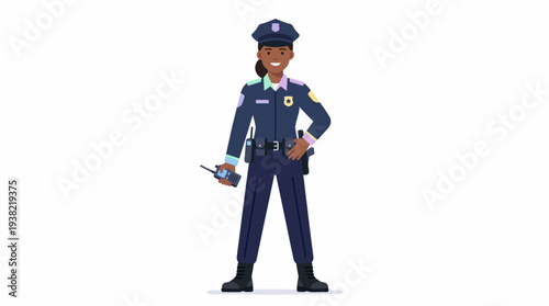 Female Police Officer Standing Confidently with Radio.