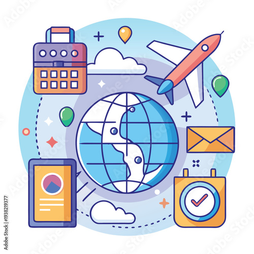 A colorful illustration depicts travel essentials including a globe airplane and communication devices high quality professional