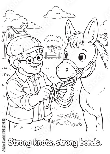 coloring book grandpa fastening a halter and tying a strong knot on his donkey, forming a steady bond