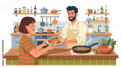 Man and woman cooking together in kitchen enjoying meal.