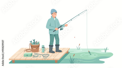 Man Fishing with Rod and Tackle Box.