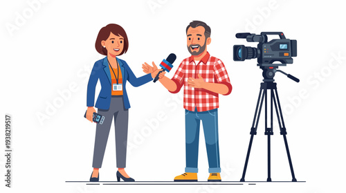 Journalist interviewing a man with a camera crew filming.