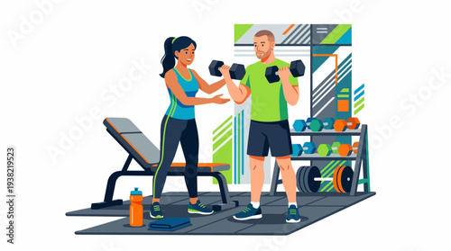 Man and woman exercising with dumbbells in gym.