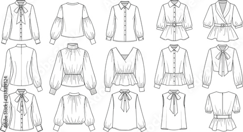 Women blouse fashion technical sketch collection, long sleeve shirt templates, bow tie collar, button up, flat vector clothing design set