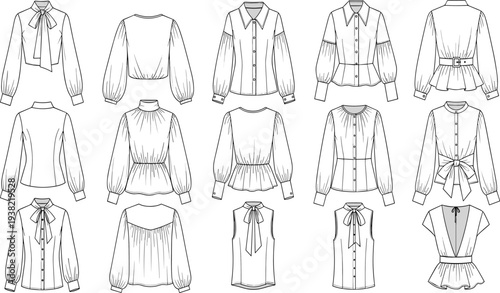 Women blouse collection technical drawing set, fashion shirt templates, front back views, long sleeve tops, vector outline clothing design