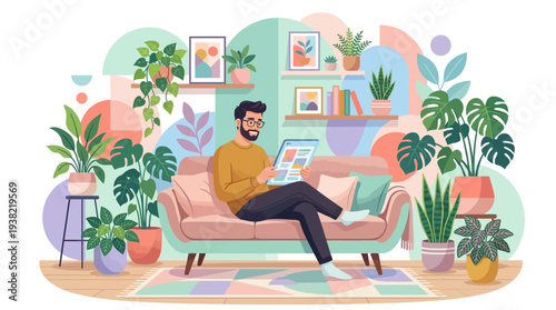 Man reading book on sofa surrounded by plants.
