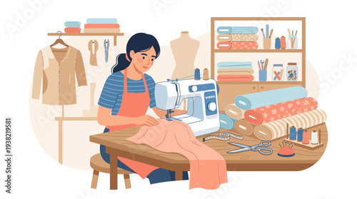 Woman sewing fabric on a sewing machine with focus.