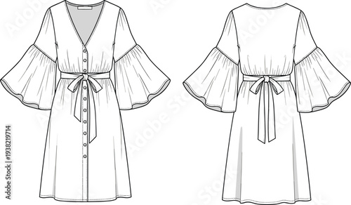 Women boho dress technical fashion sketch, bell sleeve button front tie waist design, front and back view, flat vector template