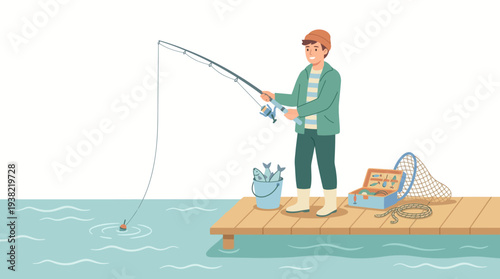 Young boy enjoys fishing from a wooden pier.