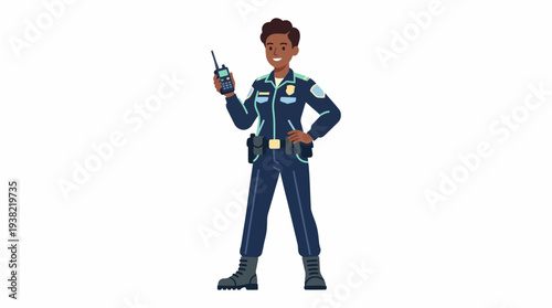 Young Black Woman Police Officer Holding Radio.