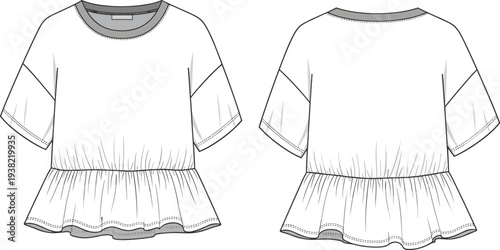 Women peplum top technical fashion sketch, short sleeve round neck blouse design, front and back view, flat vector template