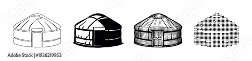 Four distinct yurts illustrated in various artistic styles representing traditional nomadic dwellings and cultural heritage.