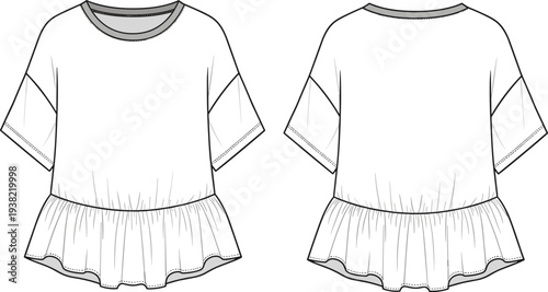 Women peplum t shirt technical drawing, short sleeve casual top template, front back view fashion vector outline design