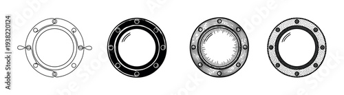 Four different portholes designs showcasing various artistic styles and intricate details suitable for maritime projects.