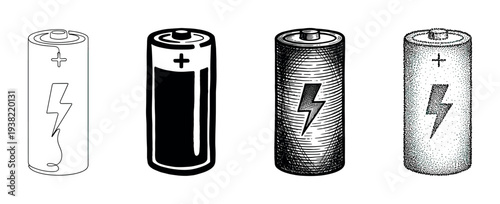 Four distinct hand-drawn battery illustrations showcasing various artistic styles for energy and power concepts.