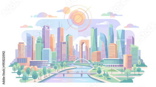 Modern Cityscape with Tall Buildings and River.