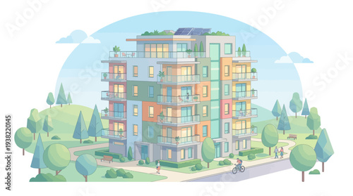 Modern Eco-Friendly Apartment Building with Green Features.