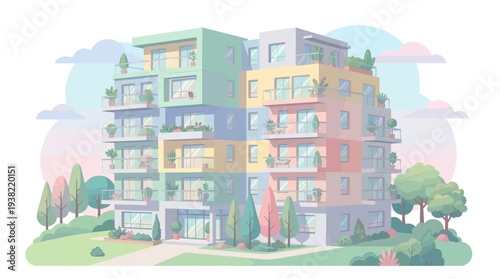 Modern Apartment Building with Colorful Facade and Greenery.