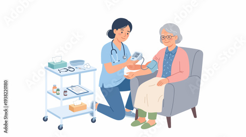 Nurse checking elderly womans blood pressure with care.