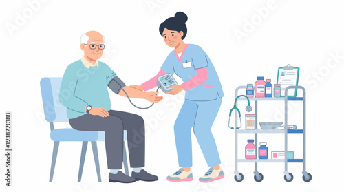 Nurse checking elderly mans blood pressure.