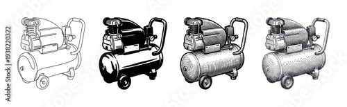 Portable air compressor tool set illustration collection showcasing various artistic styles including outline, solid, engraved, and stippled.