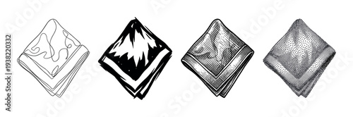 Four different folded handkerchiefs presented in various artistic styles including continuous line art, bold brush strokes, detailed engraving, and stippling.