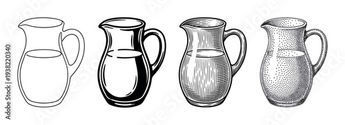Four different milk pitchers are illustrated in various vintage engraving styles, showcasing classic dairy containers.