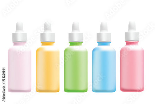 Cosmetic serum dropper bottles mockup set, product packaging design, clean white mat clear pink, yellow, blue glass, nude gray glowing cap. Beauty icon isolated, transparent background.