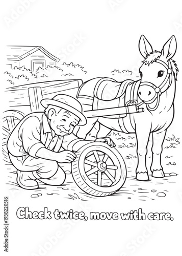 coloring book grandpa repairing a wagon wheel while his donkey stands nearby, checking twice with care