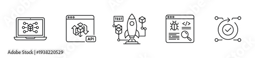 Software development lifecycle process icons illustrating various stages of programming, testing, and deployment workflows.