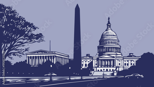 Monochromatic Silhouette of Major Federal Government Buildings and Monument in Capital City District president white house