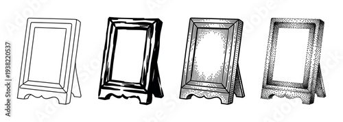 Standing picture frames in various artistic styles showcasing different hand-drawn illustration techniques with decorative bases.